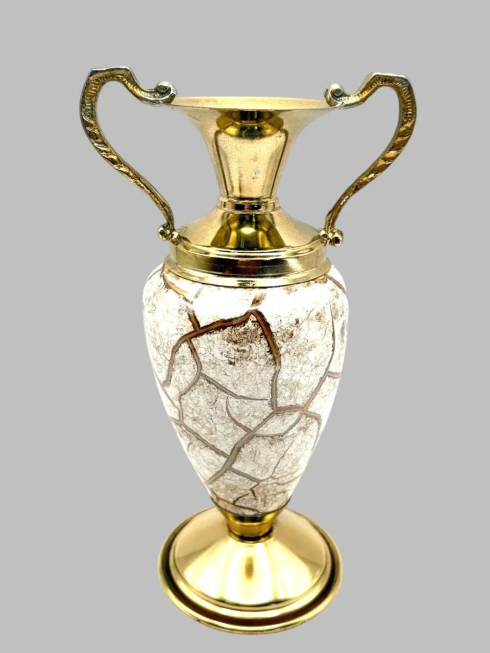 Vintage Holland Brass Crackle Glass Double Handle Urn Vase Hollywood Regency